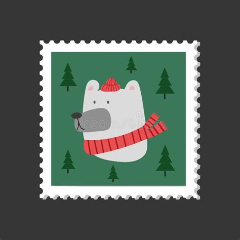 Christmas Post Stamp With White Polar Bear Head Illustration Of Cute