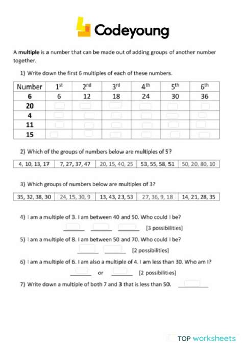 Factors Multiples And Their Properties Concept Interactive Interactive Worksheet Topworksheets