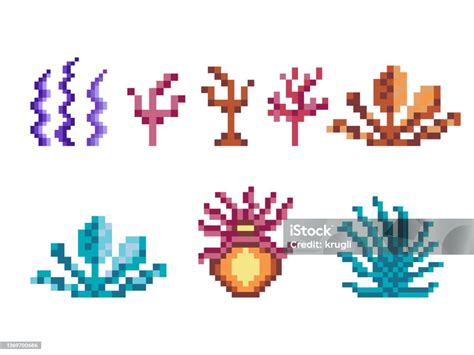 Underwater Plants And Seaweeds In Pixel Art Stock Illustration