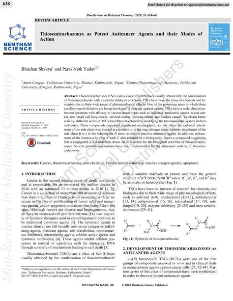 Pdf Thiosemicarbazones As A Potent Anticancer Agents And Their Modes