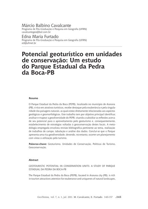 Pdf Potencial Geotur Stico Em Unidades De Conserva O Um Estudo Do