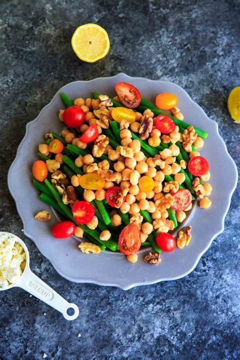 Green Bean Chickpea Salad With Tomato Walnuts And Feta Cheese