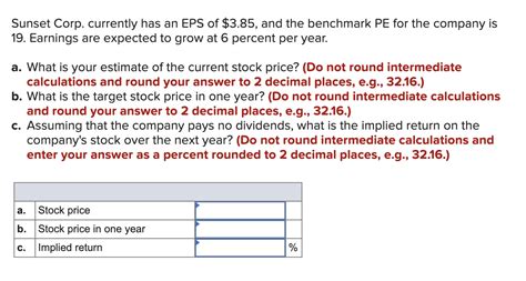 Solved Sunset Corp Currently Has An EPS Of 3 85 And The Chegg