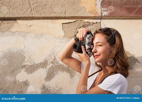 Brunette Beauty Taking Photo Stock Image Image Of Happy Gorgeous