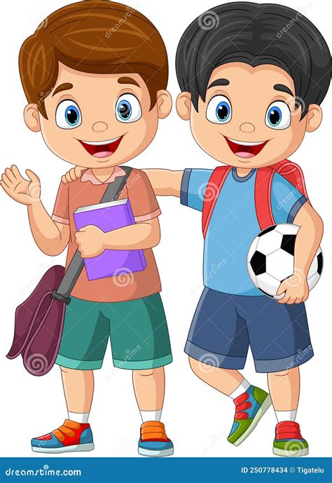 Niños Felices Con Dibujos Animados Con Libros Y Fútbol Ilustración del