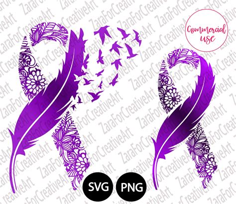 Ribbon Feather And Birds SVG Purple Cancer Awareness SVG PNG Etsy