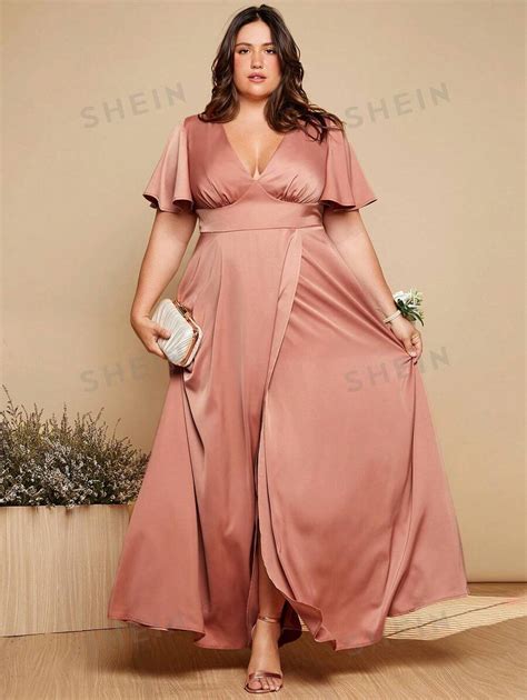 Shein Belle Plus Plunging Neck Butterfly Sleeve Maxi Solid Dress