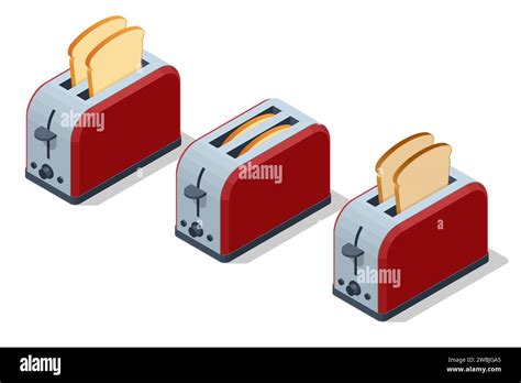 Isometric Red Toaster With Toasted Bread On White Background Fresh