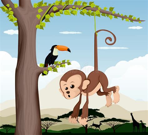 Macaco E Um P Ssaro Em Uma Rvore Ilustra O Do Vetor Ilustra O De