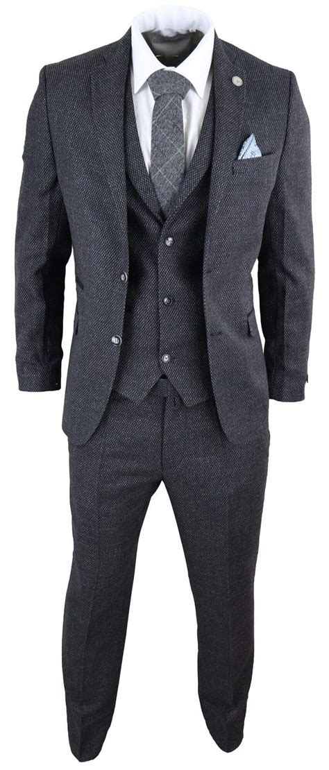 Buy Mens Wool 3 Piece Suit Tweed Charcoal Black Tailored Fit Peaky