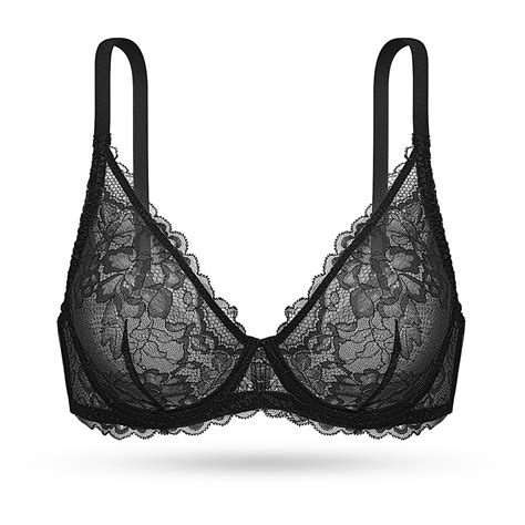 Deyllo Womens Sexy Lace Bra Non Padded Underwire See Through Unlined Bra Mesh Sheer Plunge Low