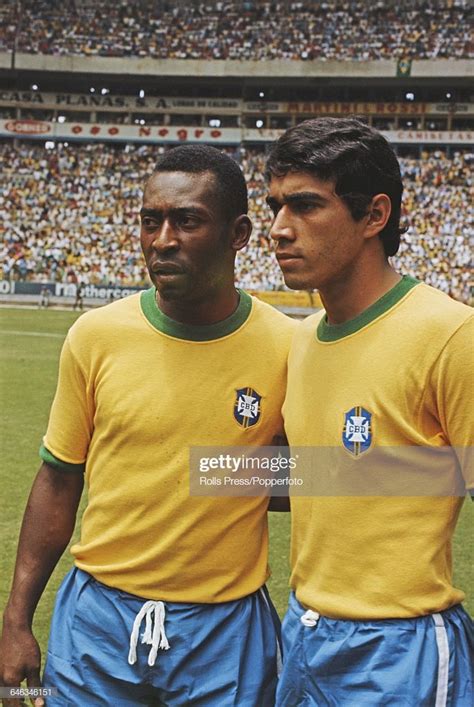 Brazilian footballer Pele pictured left with his Brazil international ...