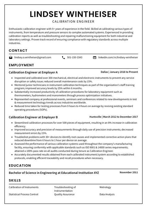 Calibration Engineer Resume CV Example And Writing Guide