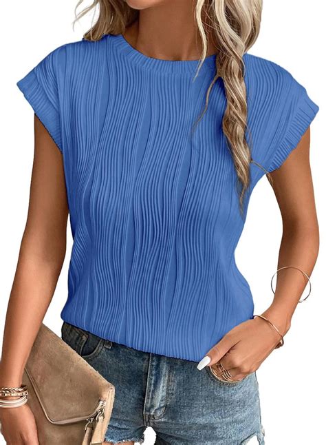 EVALESS Womens Short Sleeve Textured Tops Crewneck Knit Solid Loose