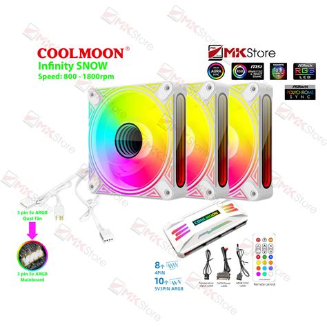 COMBO 3 Quạt case Coolmoon ARGB DM1 Snow bộ HUB remote Fan Infinity