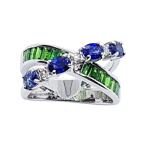 Blue Sapphire With Tsavorite And Diamond Ring Set In 18 Karat White