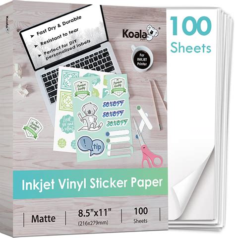 Koala Printable Vinyl Sticker Paper For Inkjet Printer 100 Sheets