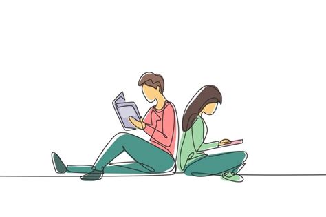 Un solo dibujo de línea continua pareja de estudiantes leyendo juntos