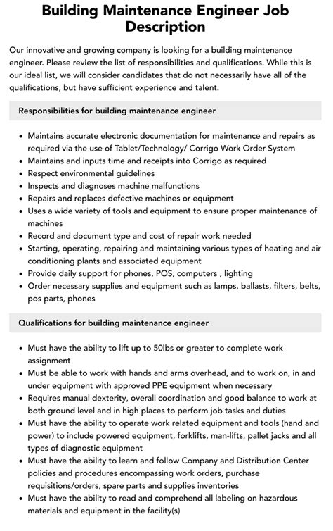 Building Maintenance Engineer Job Description Velvet Jobs