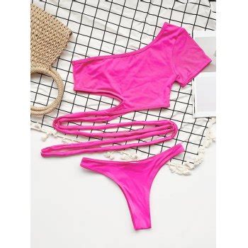 Emmiol Free Shipping 2026 One Shoulder Cut Out Bikini Set Beetroot