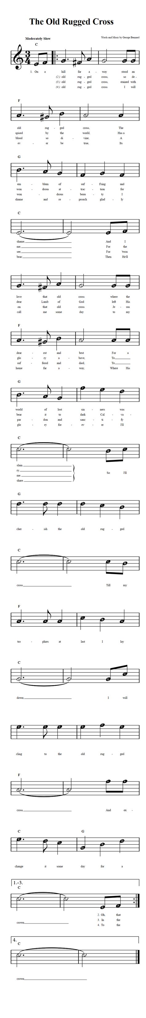 The Old Rugged Cross Beginner Sheet Music With Chords And Lyrics