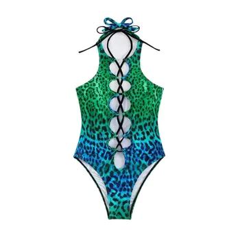 One Piece Bikini Set Print Swimwear Sexy Bathing Suits Girl Halter Lace Up Leopard