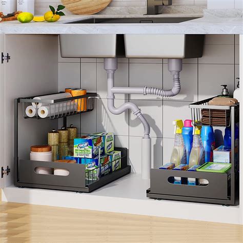 2 Pack Under Sink Organizers And Storage 2 Tier Sliding Cabinet Basket