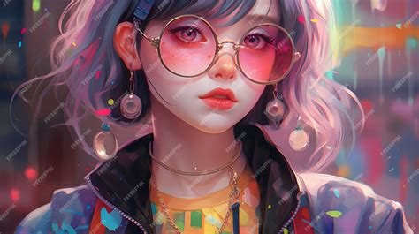 Premium Photo | A girl with pink hair and round glasses