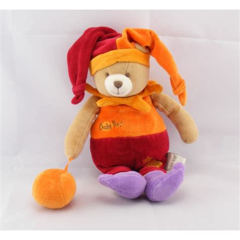 Doudou Hochet Ours Arlequin Rouge Orange Balle Baby Nat