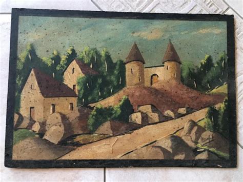 Tableau Ancien Peinture Huile Chateau Village Sign Eur Picclick Fr