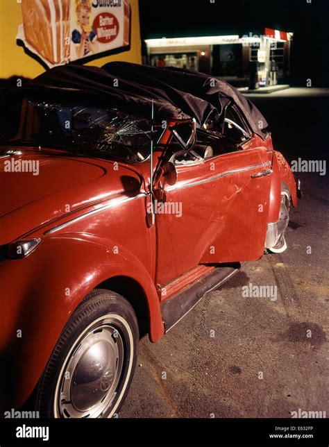 1960s Wrecked Smashed Crash Crashed Red Volkswagen Bug Convertible