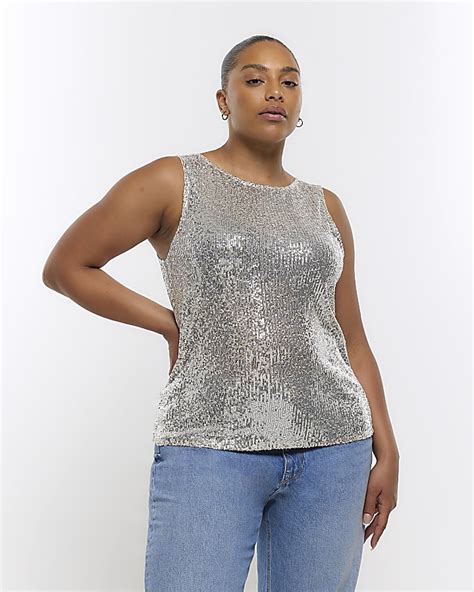 Plus Silver Sequin Tank Top River Island