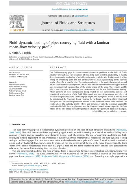 Pdf Fluid Dynamic Loading Of Pipes Conveying Fluid With A Laminar