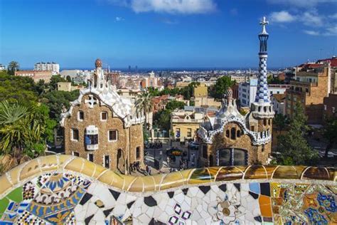 Entrance of Park Güell with City Skyline Behind, Barcelona, Catalonia ...