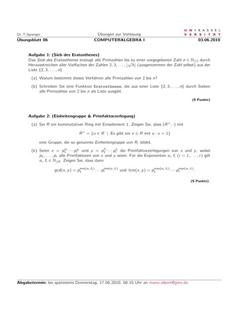 Übungen zur Vorlesung Übungsblatt 06 COMPUTERALGEBRA I