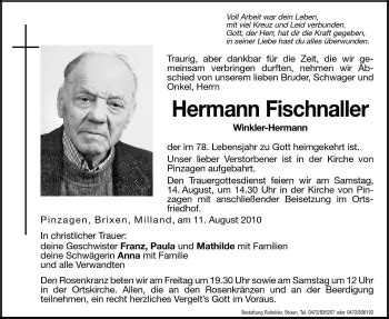 Traueranzeigen Von Hermann Fischnaller Trauer Bz