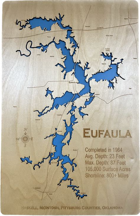 Lake Eufaula, OK - Laser Engraved Wood Map Overflow Sale Special ...