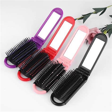 8 Colors Folding Hair Brush Comb With Mirror Compact Pocket Size Travel