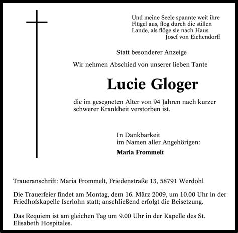 Traueranzeigen Von Lucie Gloger Trauer In Nrw De