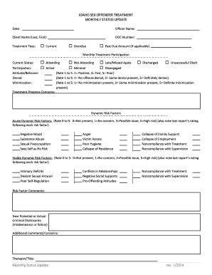 Fillable Online IDAHO SEX OFFENDER TREATMENT MONTHLY STATUS UPDATE Fax