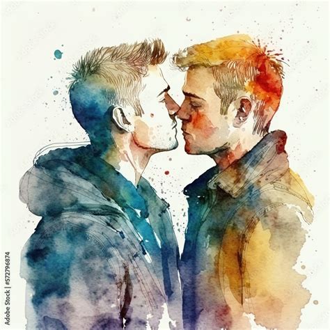 AI Generative Watercolor Illustration Of Two Gay Men Kissing A Couple In Love Stock