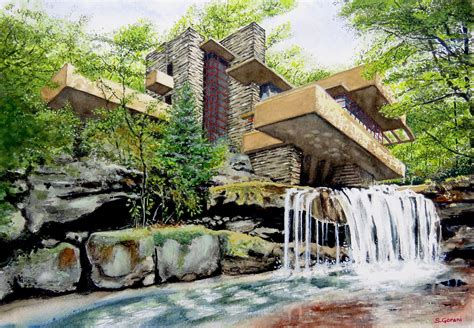 Fallingwater Frank Lloyd Wright Watercolor Painting Print Bear Run