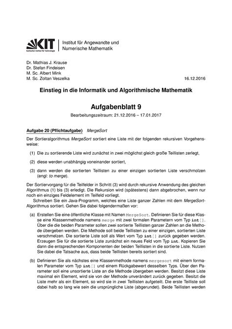 Aufgabenblatt 09 Programmieraufgabe Institut für Angewandte und