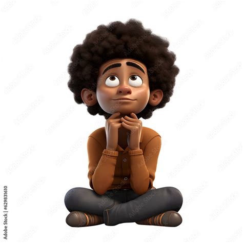 3D cartoon character black young man thinking and looking sitting on ...