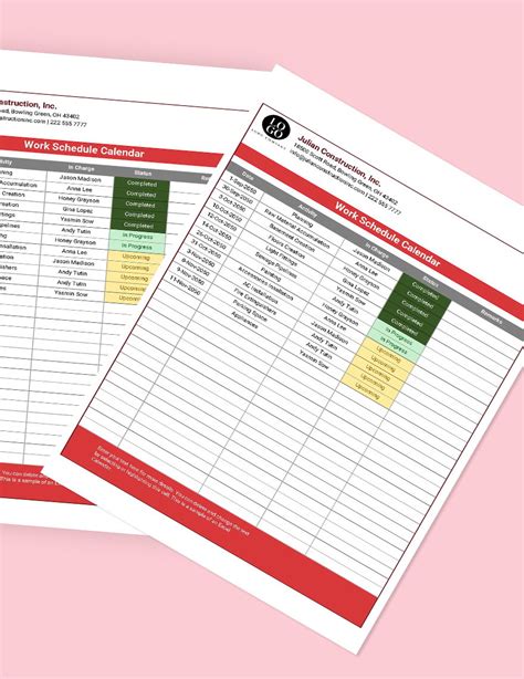 Work Schedule Calendar - Google Sheets, Excel | Template.net