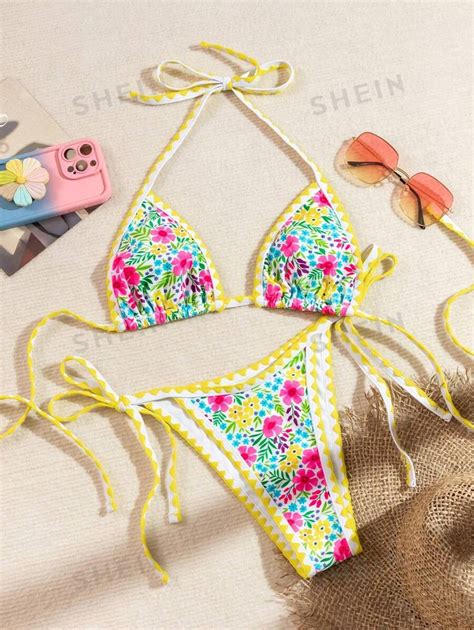 Shein Swim Conjunto De Bikini Con Estampado Floral De Cuello De Halter Con Conjunto De Bikini