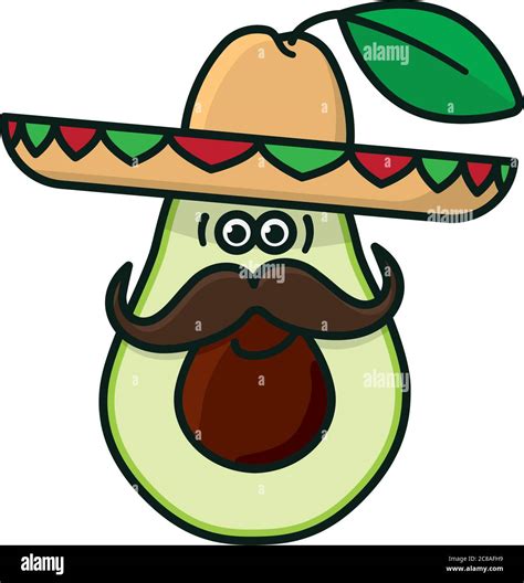 Avocado With Sombrero Hat And Face With Moustache Cartoon Character