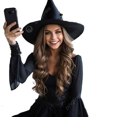 A Girl In A Witch Costume Takes A Selfie At A Halloween Party On The