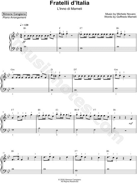 Simone Cangiano "Fratelli d'Italia" Sheet Music (Piano Solo) in Bb ...