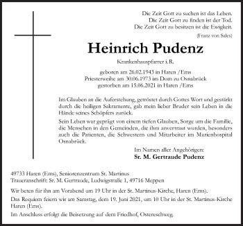 Traueranzeigen Von Heinrich Pudenz Noz Trauerportal